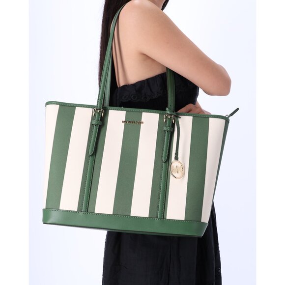 Michael Kors Green and White Striped Tote - Picture 1 of 6